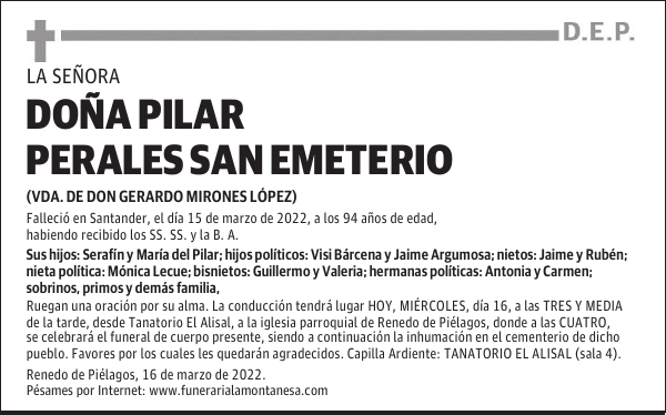 DOÑA PILAR PERALES SAN EMETERIO