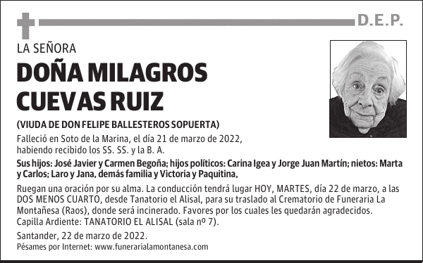 DOÑA MILAGROS CUEVAS RUIZ