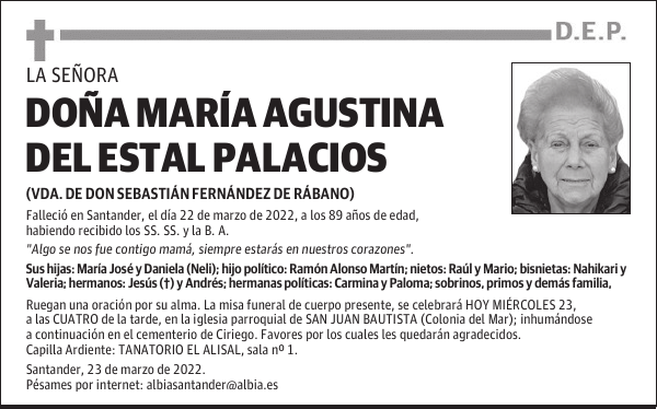 DOÑA MARÍA AGUSTINA DEL ESTAL PALACIOS