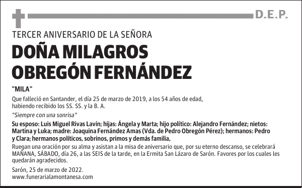 DOÑA MILAGROS OBREGÓN FERNÁNDEZ
