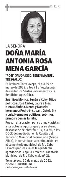 DOÑA Mª ANTONIA ROSA MENA GARCÍA