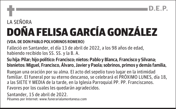 DOÑA FELISA GARCÍA GONZÁLEZ