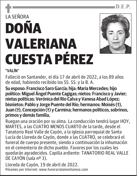 DOÑA VALERIANA CUESTA PÉREZ