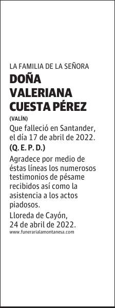 DOÑA VALERIANA CUESTA PÉREZ