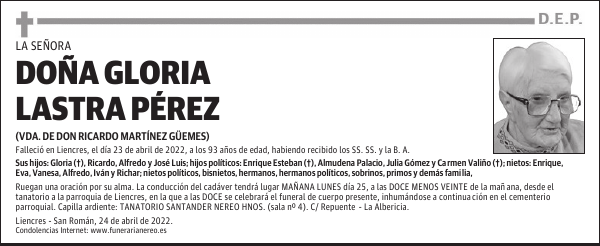 DOÑA GLORIA LASTRA PÉREZ
