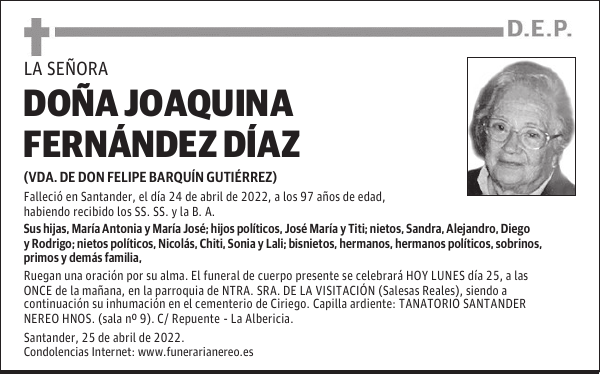 DOÑA JOAQUINA FERNÁNDEZ DÍAZ