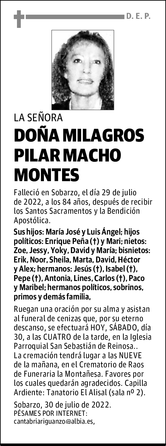 DOÑA MILAGROS PILAR MACHO MONTES