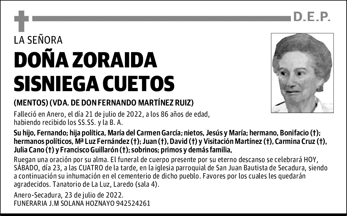 DOÑA ZORAIDA SISNIEGA CUETOS