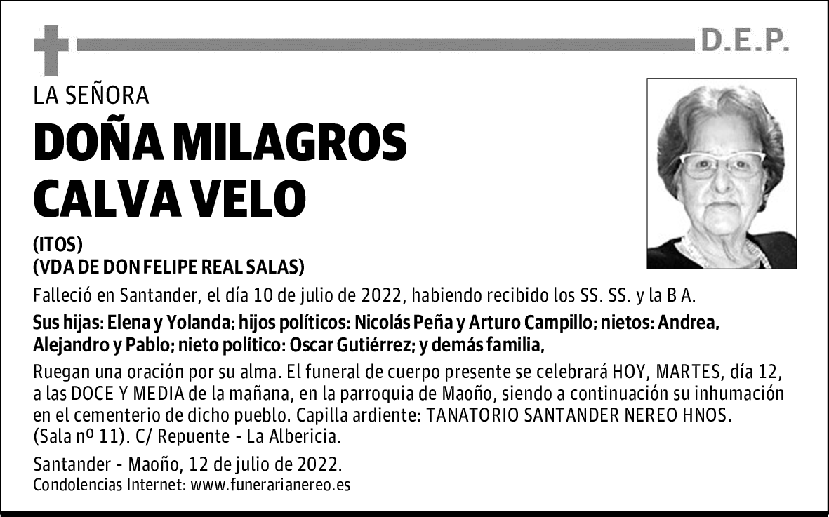 DOÑA MILAGROS CALVA VELO