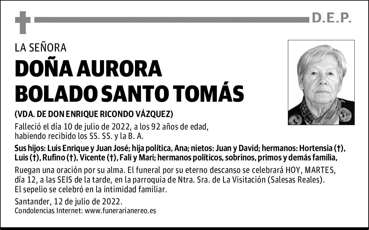 DOÑA AURORA BOLADO SANTO TOMÁS