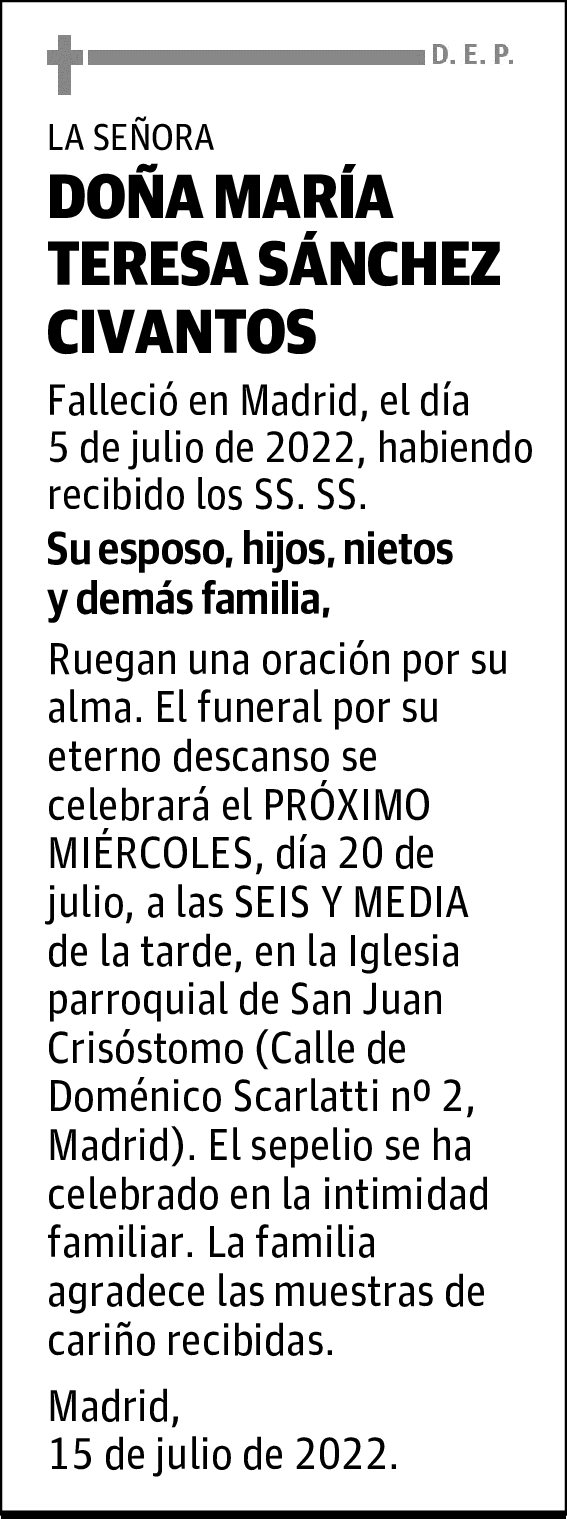 DOÑA MARÍA TERESA SÁNCHEZ CIVANTOS