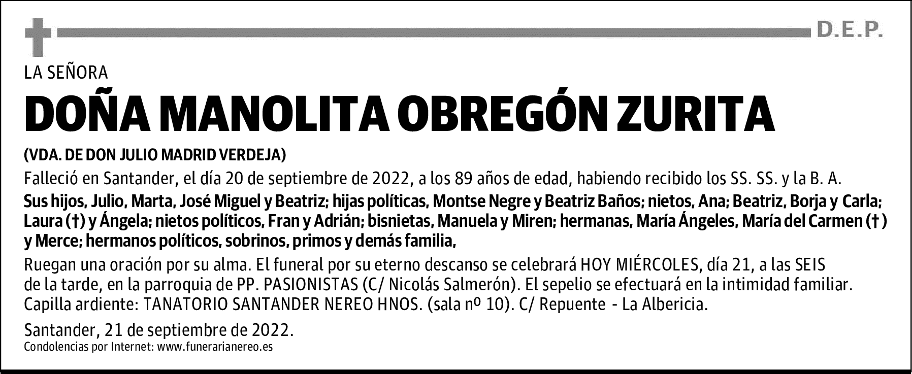 DOÑA MANOLITA OBREGÓN ZURITA