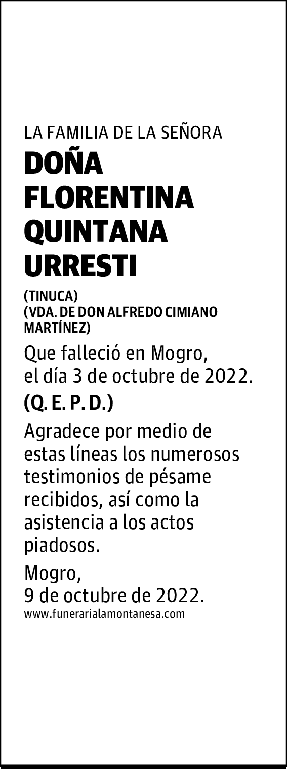 DOÑA FLORENTINA QUINTANA URRESTI
