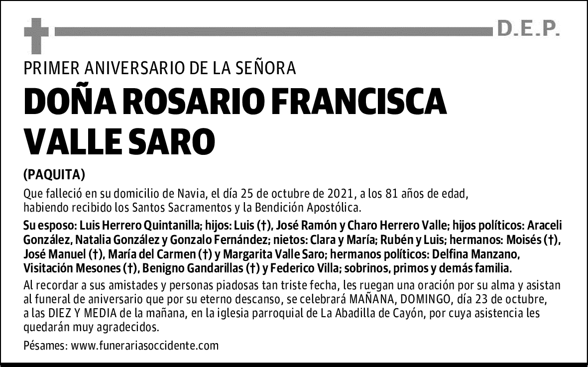 DOÑA. ROSARIO FRANCISCA VALLE SARO
