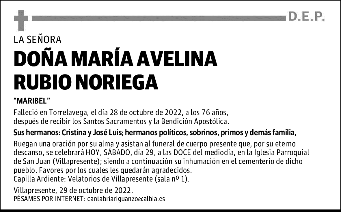 DOÑA MARÍA AVELINA RUBIO NORIEGA