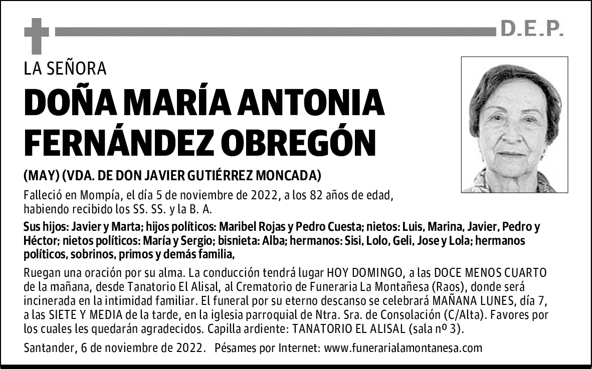 DOÑA MARÍA ANTONIA FERNÁNDEZ OBREGÓN