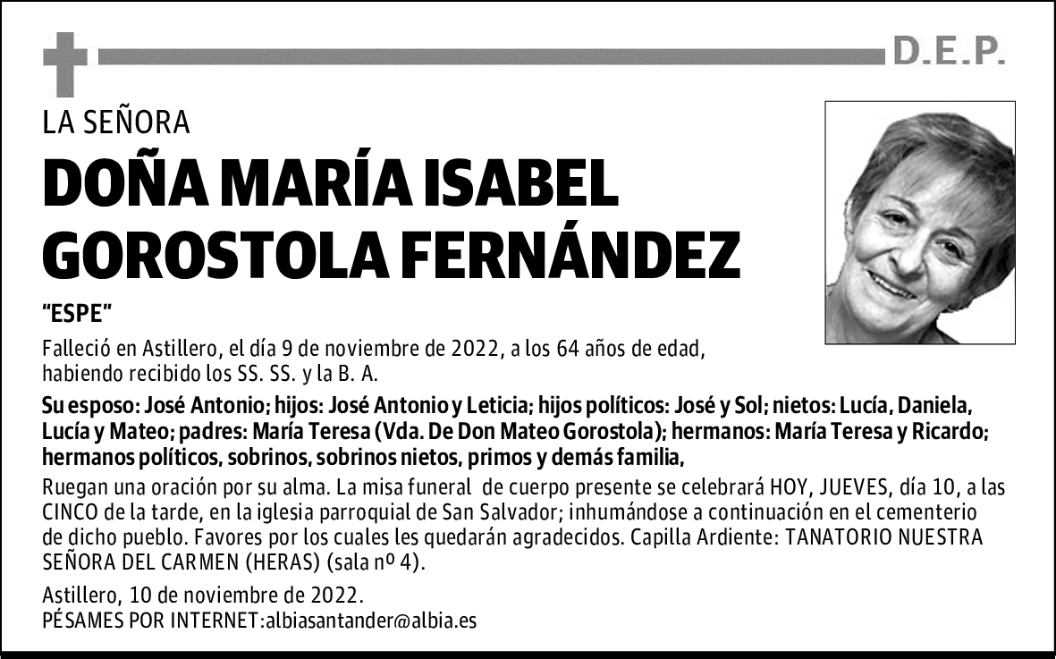 DOÑA MARÍA ISABEL GOROSTOLA FERNÁNDEZ