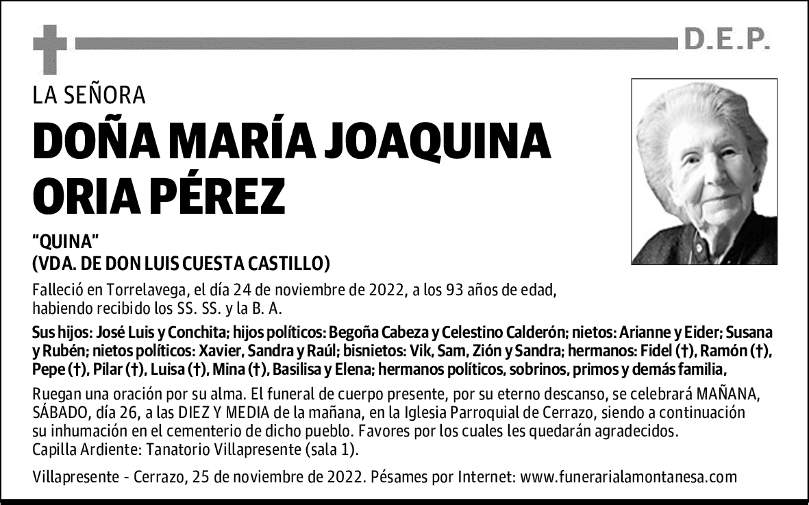 DOÑA MARÍA JOAQUINA ORIA PÉREZ