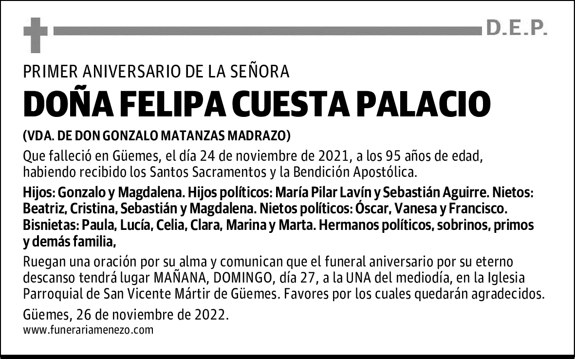 DOÑA FELIPA CUESTA PALACIO