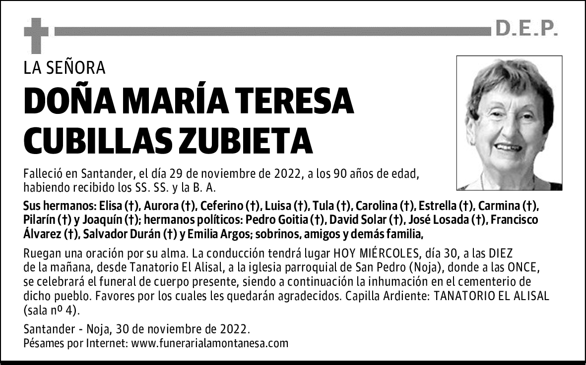 DOÑA MARÍA TERESA CUBILLAS ZUBIETA