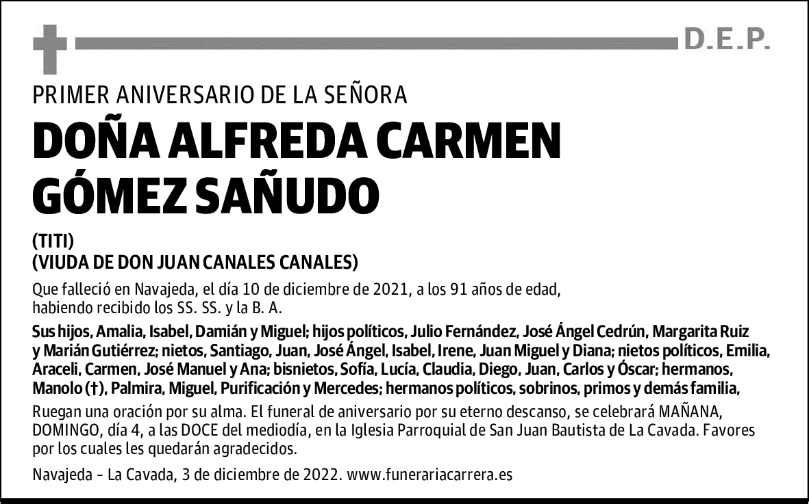 DOÑA ALFREDA CARMEN GÓMEZ SAÑUDO