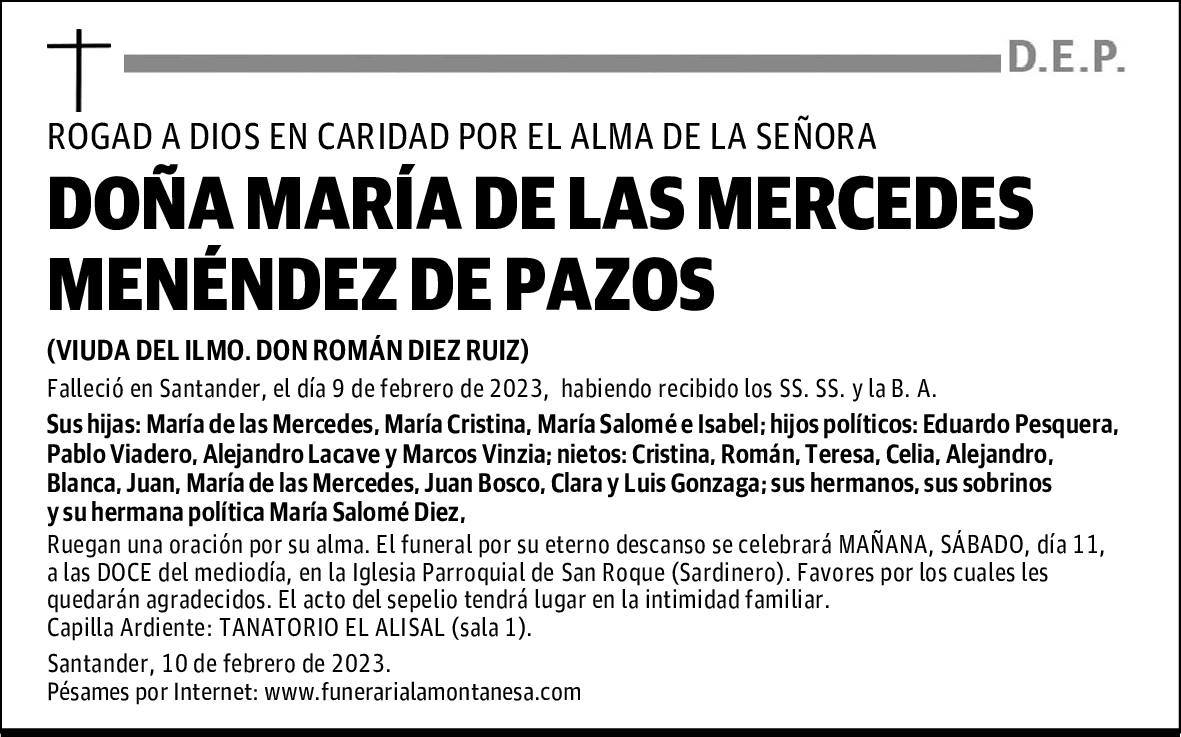 DOÑA MARÍA DE LAS MERCEDES MENÉNDEZ DE PAZOS