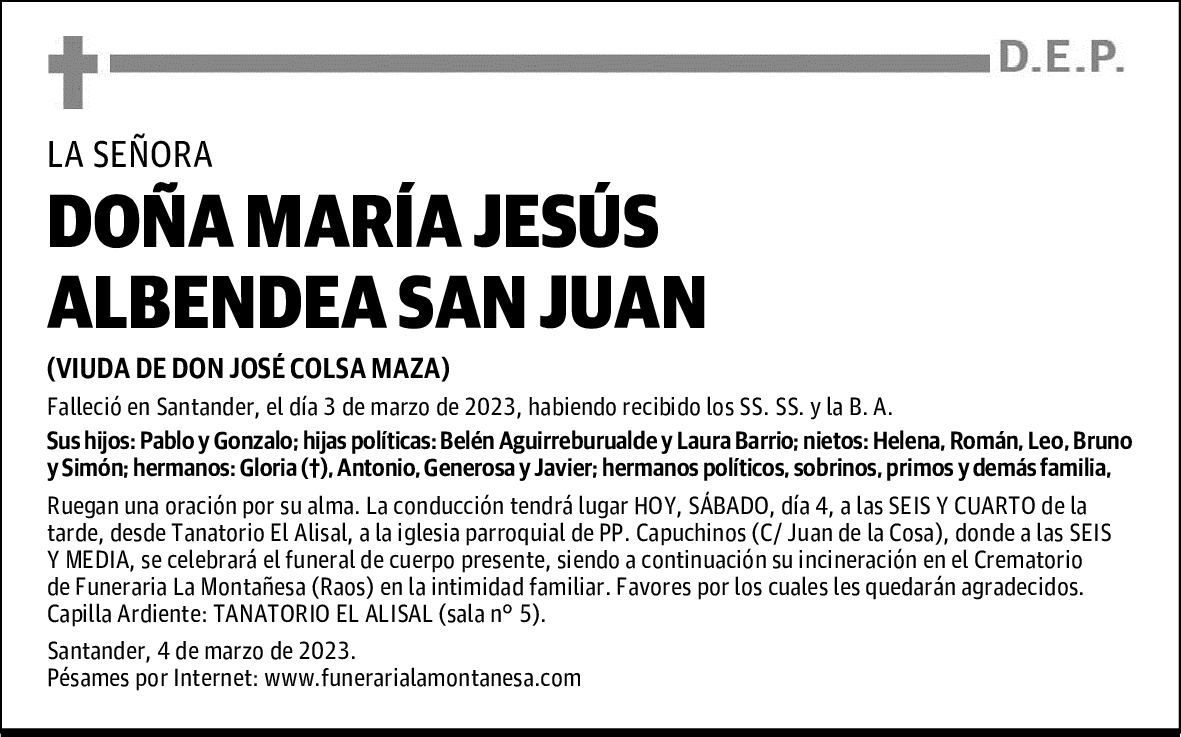 DOÑA MARÍA JESÚS ALBENDEA SAN JUAN