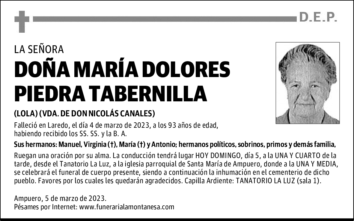 DOÑA MARÍA DOLORES PIEDRA TABERNILLA