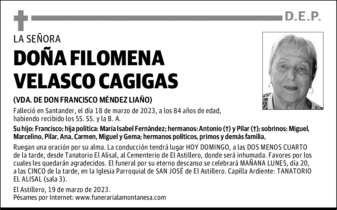 DOÑA FILOMENA VELASCO CAGIGAS