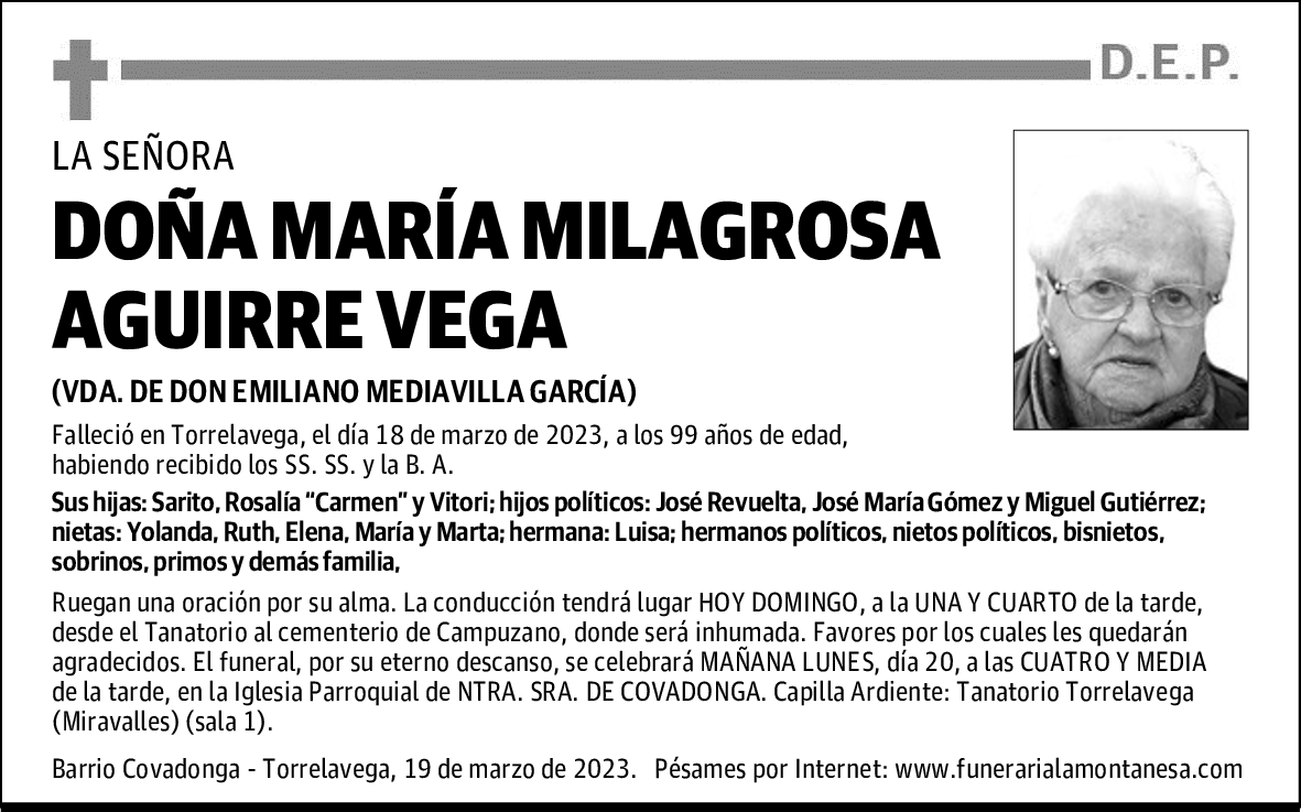DOÑA MARÍA MILAGROSA AGUIRRE VEGA
