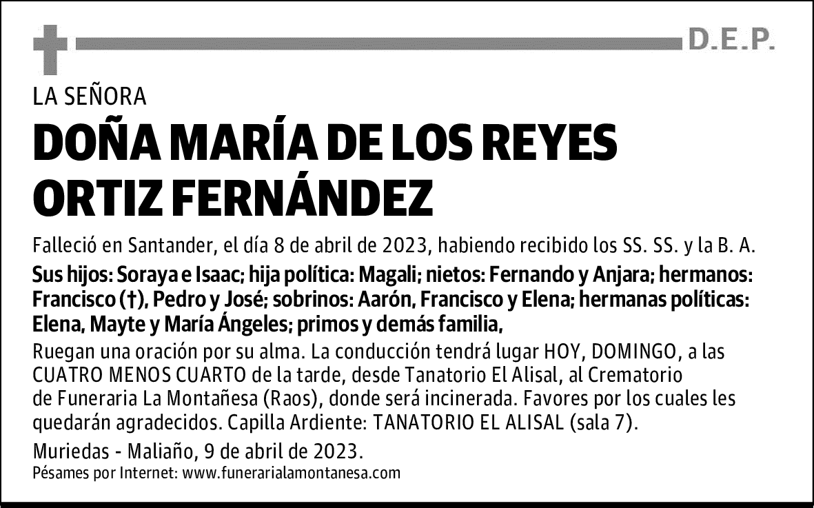 DOÑA MARÍA DE LOS REYES ORTIZ FERNÁNDEZ