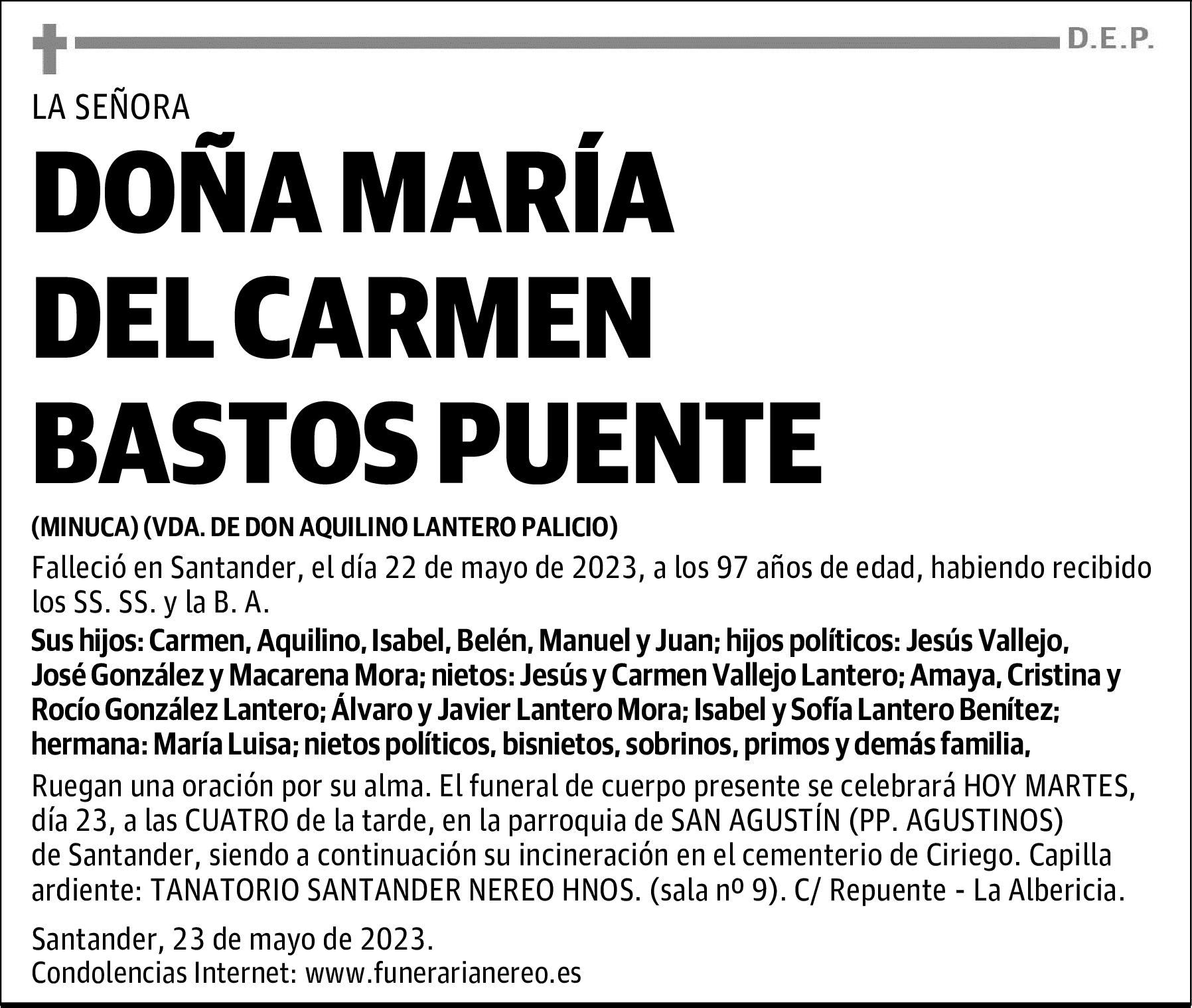 DOÑA MARÍA DEL CARMEN BASTOS PUENTE