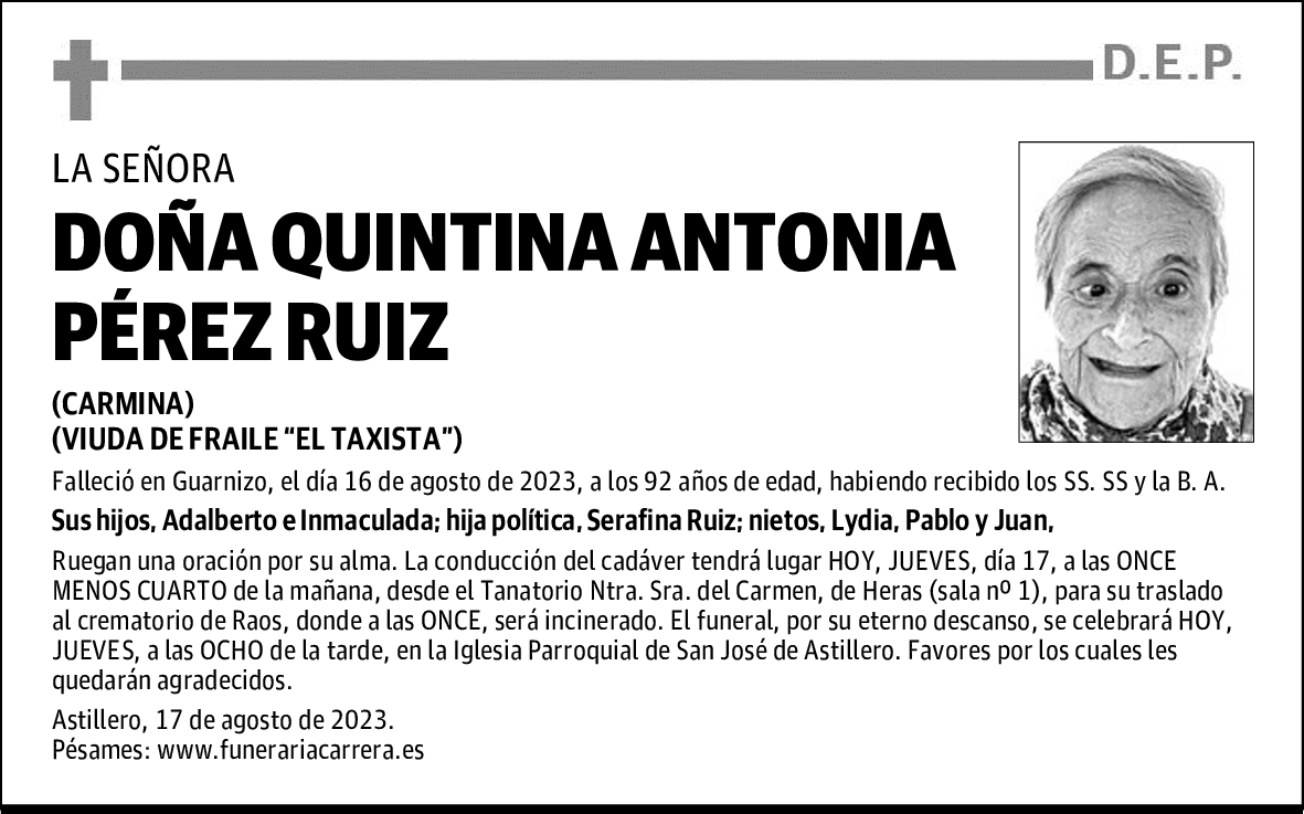 DOÑA QUINTINA ANTONIA PÉREZ RUIZ