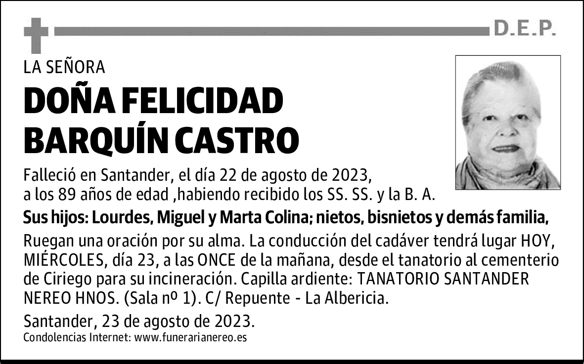 DOÑA FELICIDAD BARQUÍN CASTRO