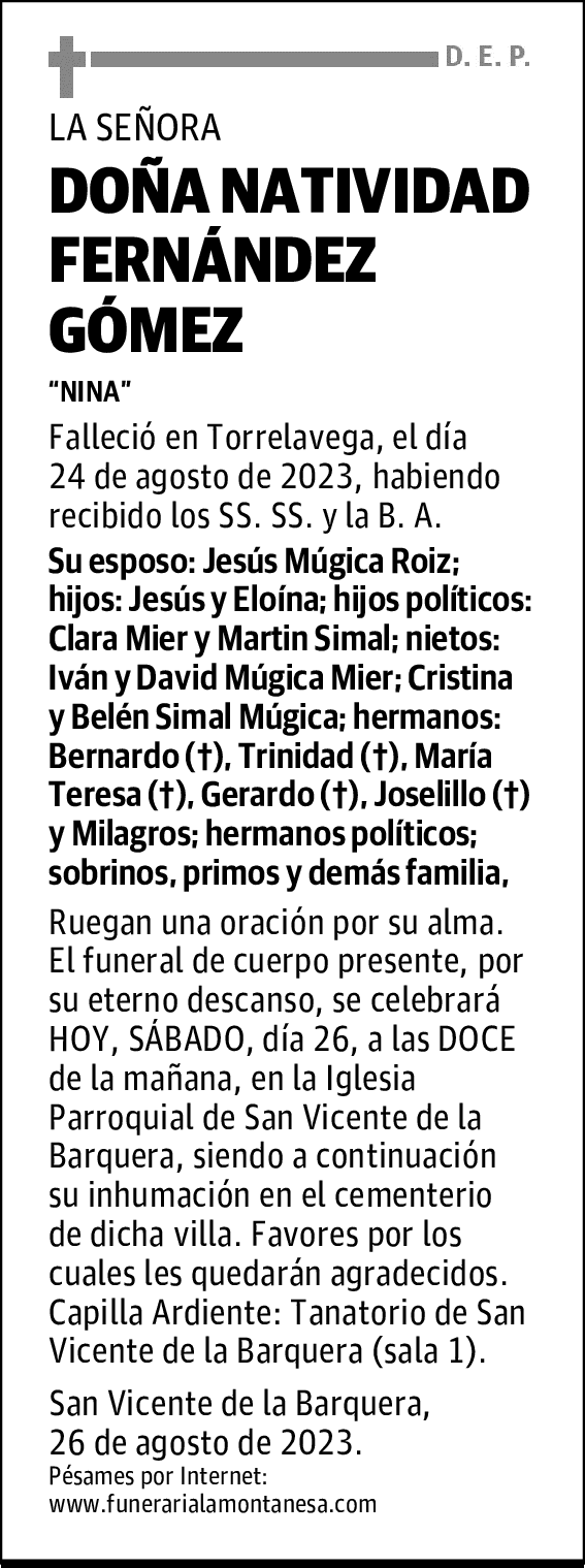DOÑA NATIVIDAD FERNÁNDEZ GÓMEZ