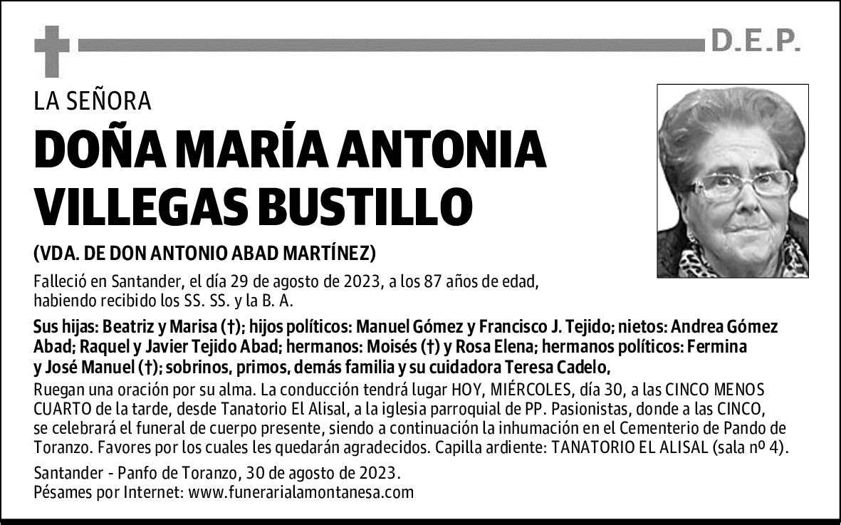DOÑA MARÍA ANTONIA VILLEGAS BUSTILLO