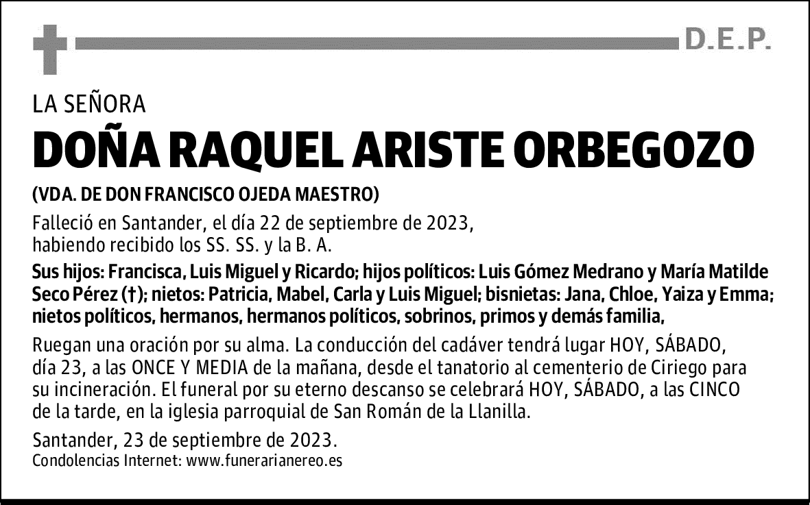 DOÑA RAQUEL ARISTE ORBEGOZO