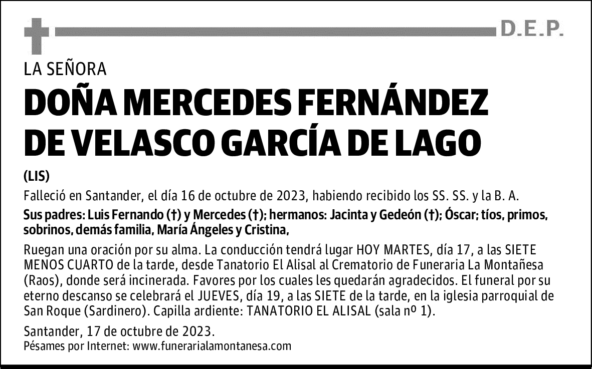 DOÑA MERCEDES FERNÁNDEZ DE VELASCO GARCÍA DE LAGO