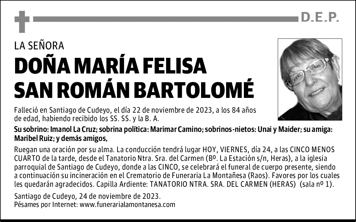DOÑA MARÍA FELISA SAN ROMÁN BARTOLOMÉ