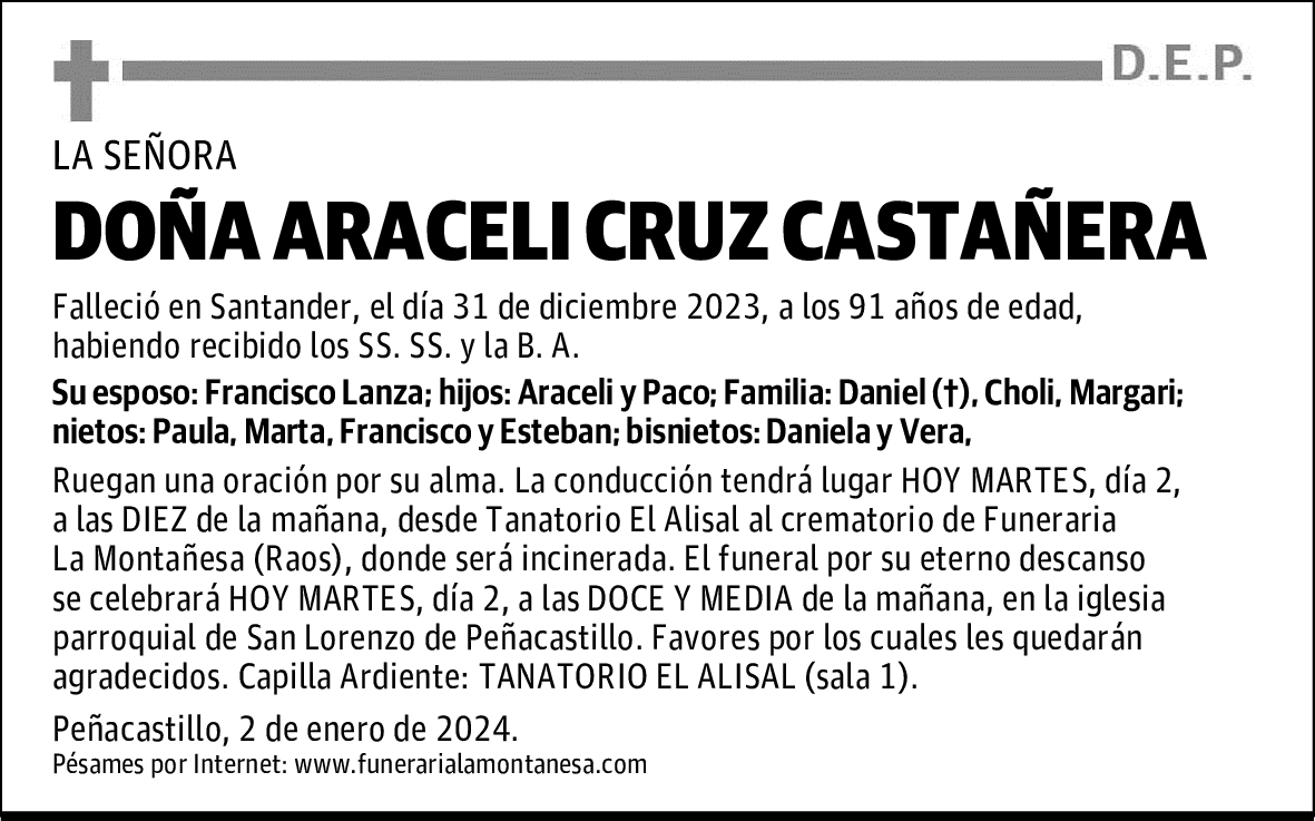 DOÑA ARACELI CRUZ CASTAÑERA