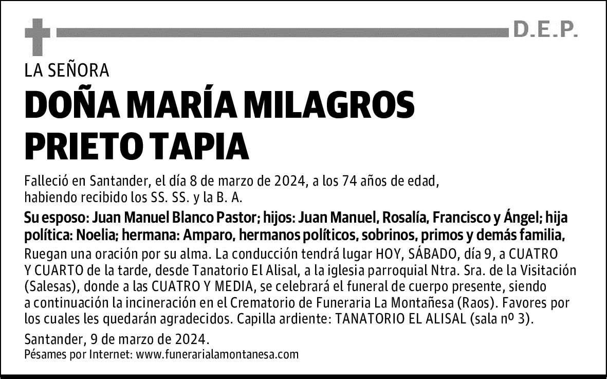 DOÑA MARÍA MILAGROS PRIETO TAPIA