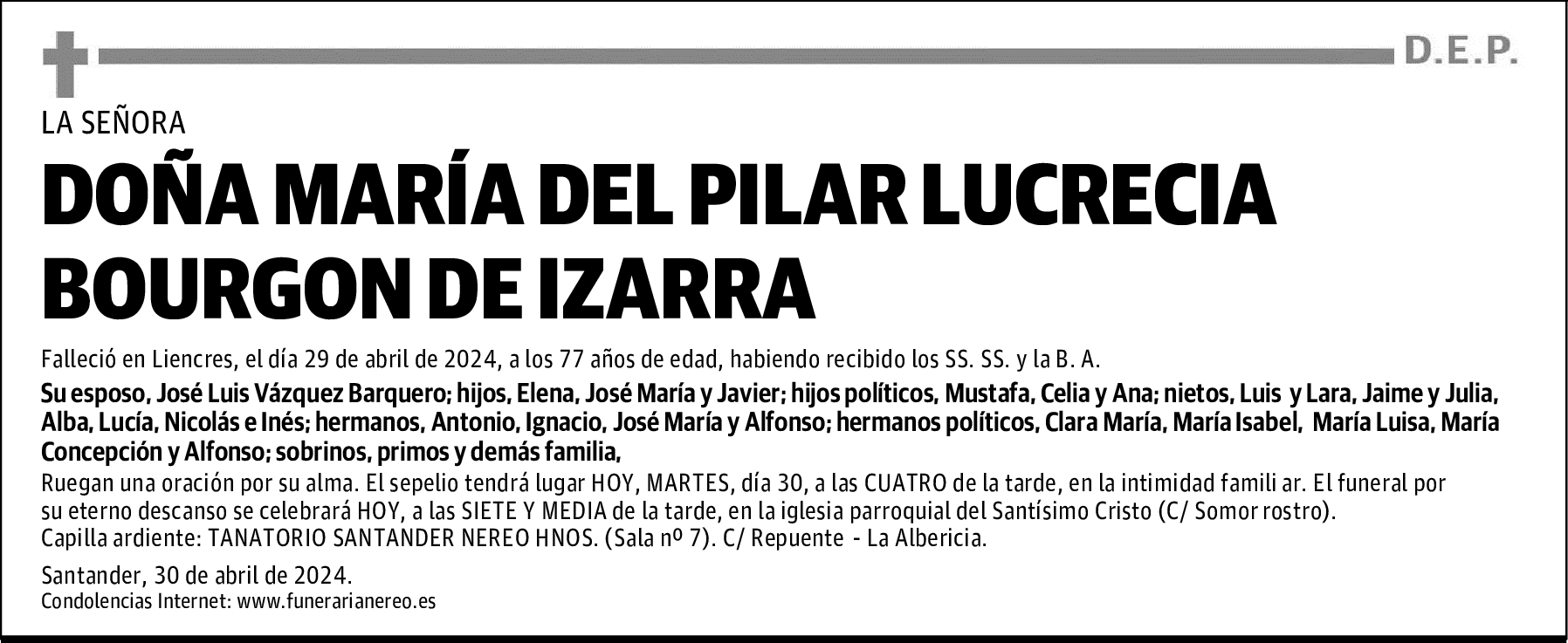 DOÑA MARÍA DEL PILAR LUCRECIA BOURGON DE IZARRA