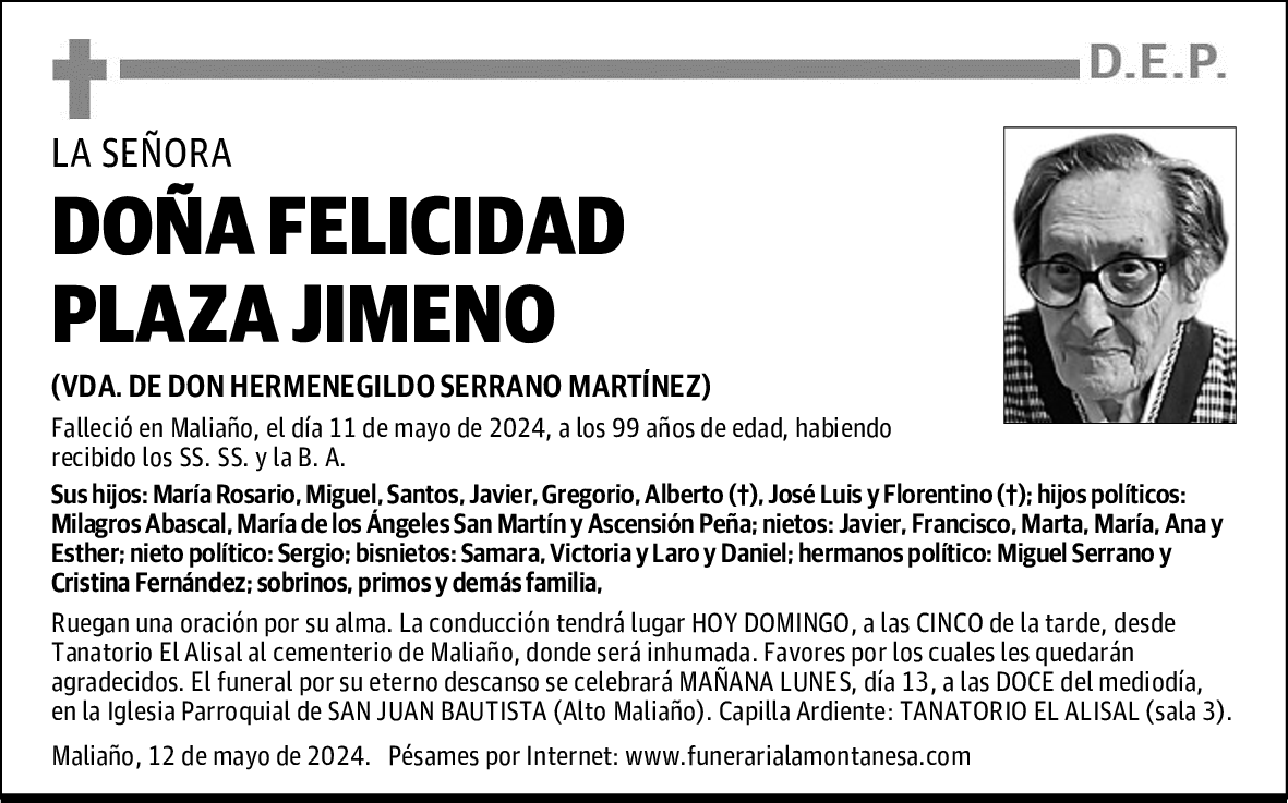 DOÑA FELICIDAD PLAZA JIMENO