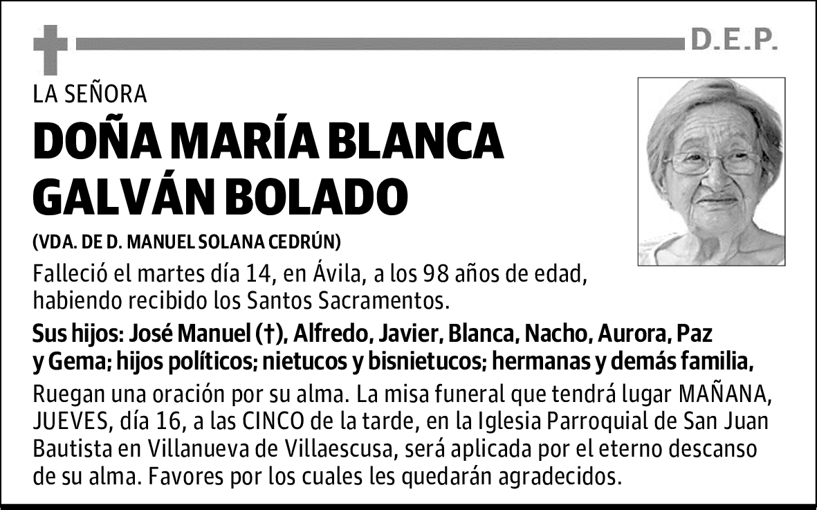 DOÑA MARÍA BLANCA GALVÁN BOLADO