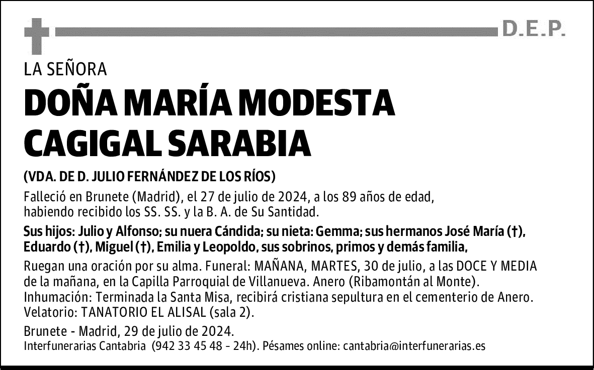 DOÑA MARÍA MODESTA CAGIGAL SARABIA