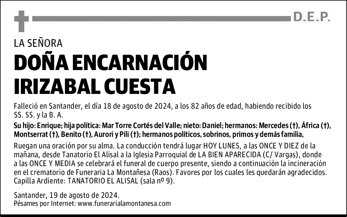 DOÑA ENCARNACIÓN IRIZABAL CUESTA
