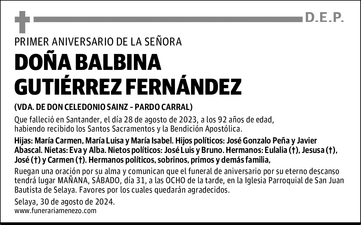 DOÑA BALBINA GUTIÉRREZ FERNÁNDEZ