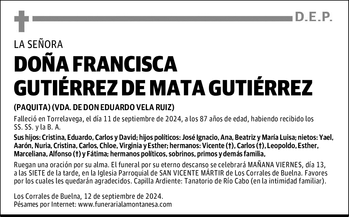 DOÑA FRANCISCA GUTIÉRREZ DE MATA GUTIÉRREZ