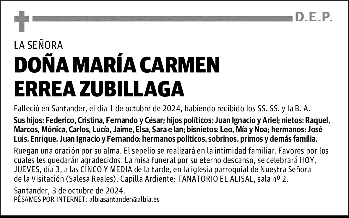 DOÑA MARÍA CARMEN ERREA ZUBILLAGA