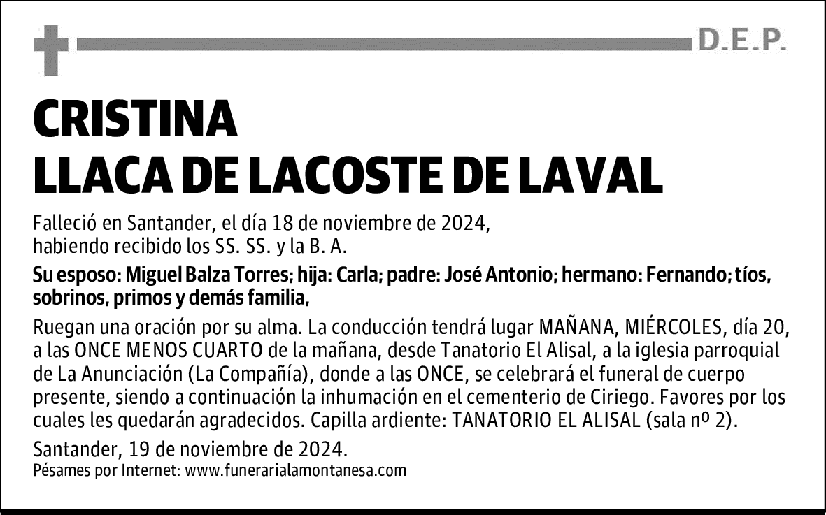 CRISTINA LLACA DE LACOSTE DE LAVAL